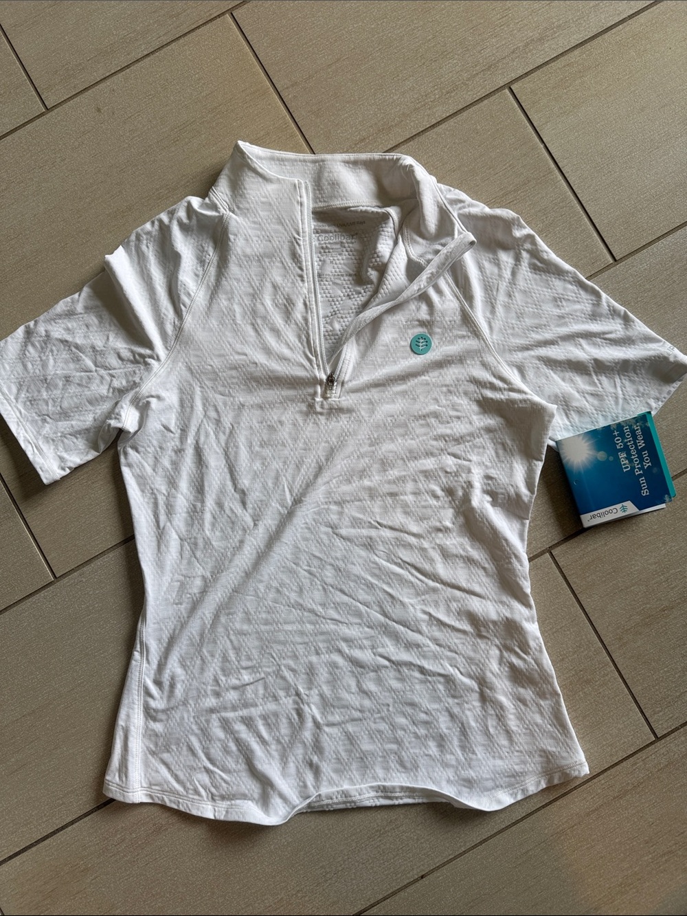 Coolibar White Short-Sleeve Quarter Zip Sun Shirt with Teal Logo